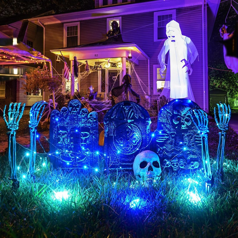 Sinranac Maxee Halloween Luminous Skeleton Skull Set, 1 Skull & 2 Skull Hands with 5 m Fairy Lights & Remote Control (8 Modes & Timer), 2 Warm Fairy Lights (3 Modes), Halloween Decoration for Outdoor Garden - Image 2
